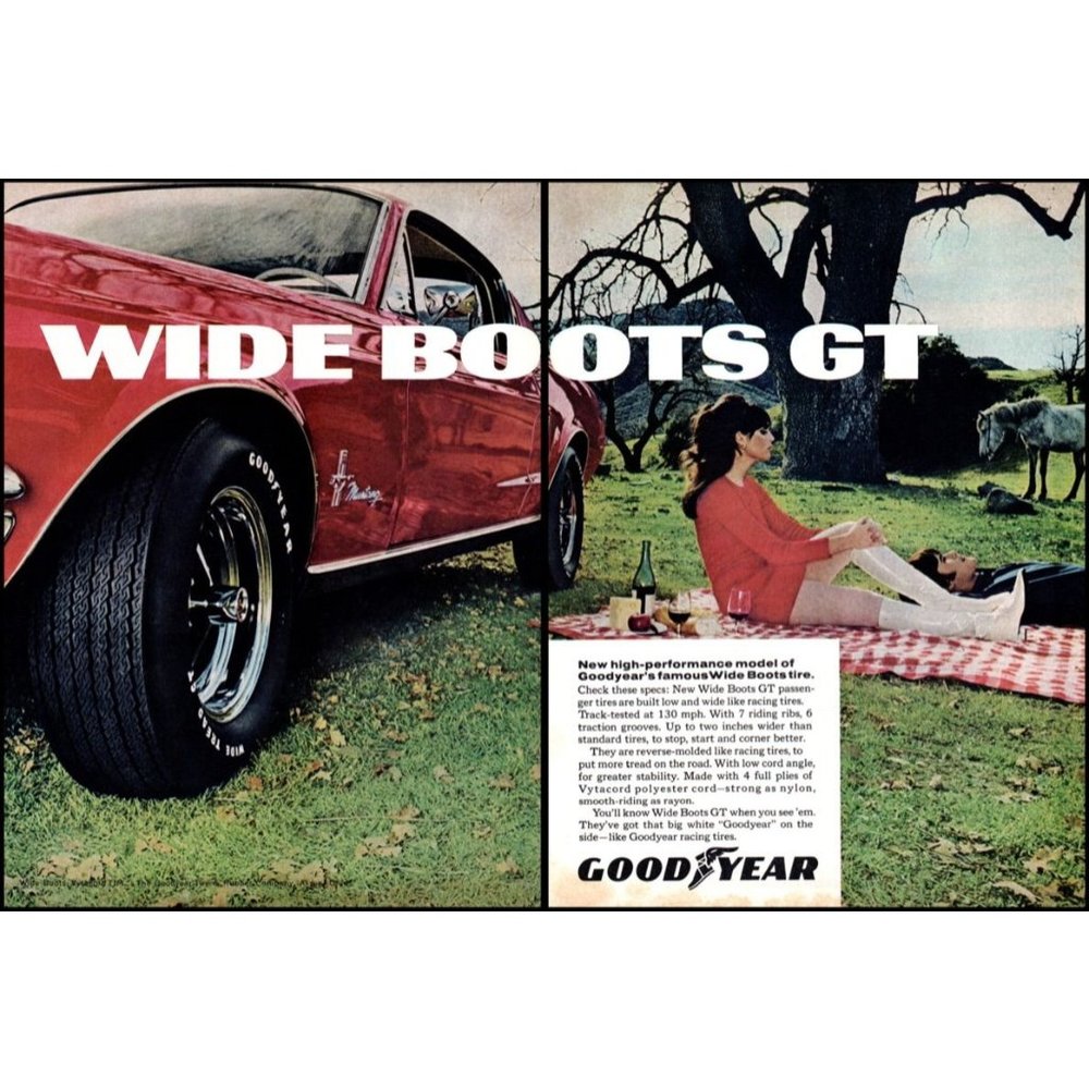 1968 Goodyear Wide Boots GT Tires Ford Mustang 2 Page Vintage Print Ad Wall Art